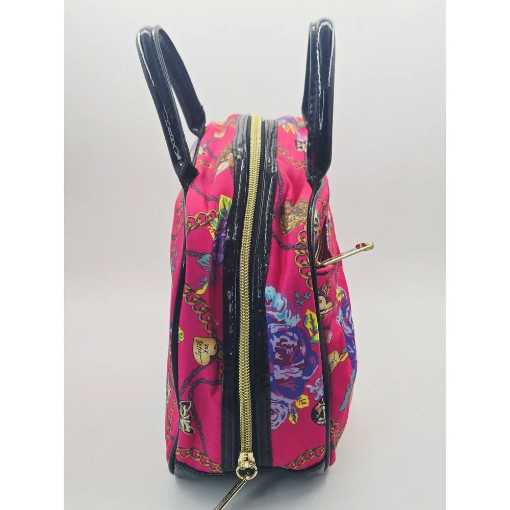 Betsey Johnson Y2K Pink Floral Chain Print Nylon Satchel Bag Black Patent‎ Trim